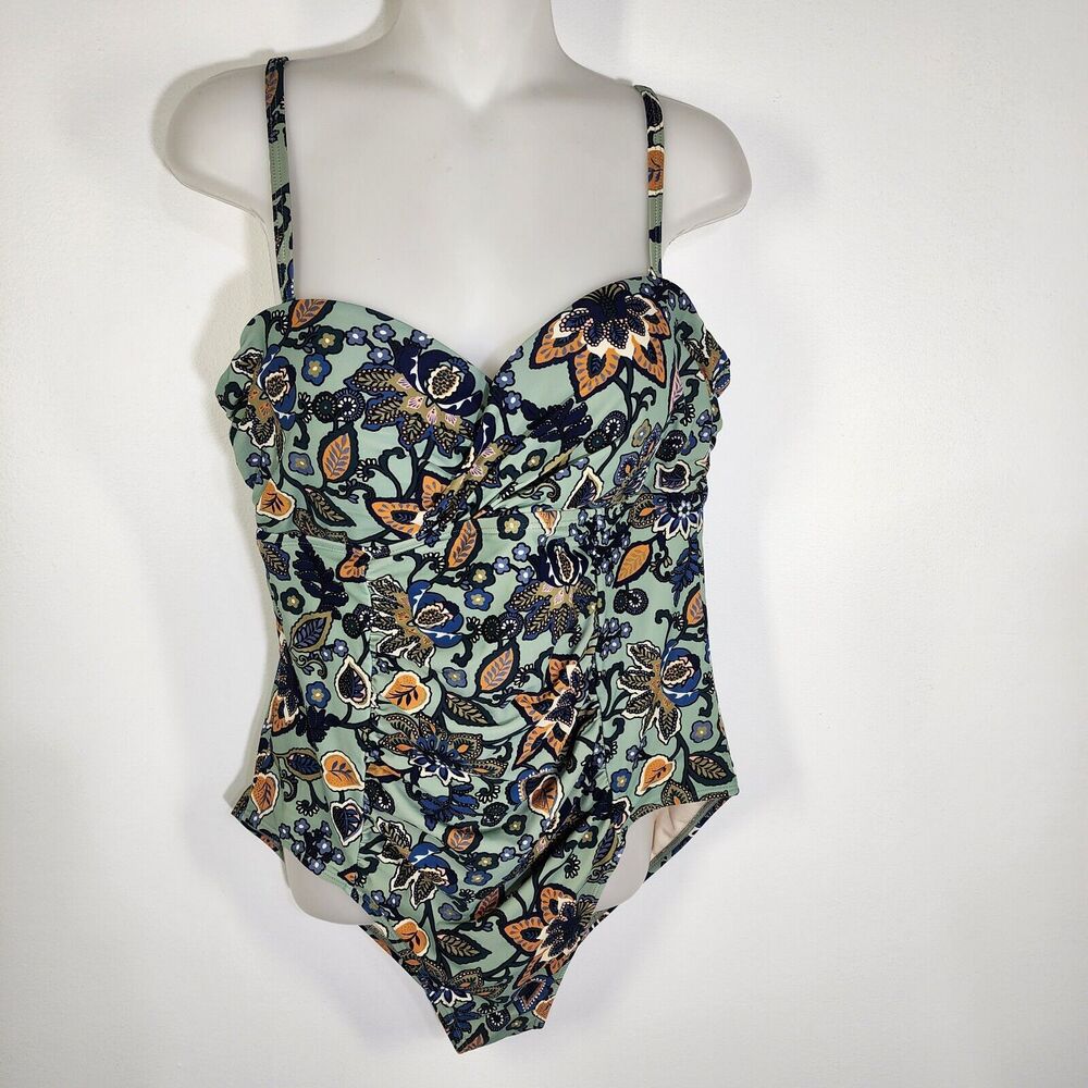 Tahiti Swimsuit Womens XL One Piece Padded Floral Wrap Front Multicolor Green